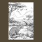 Black and white coloring page of a leopard and zebra in an African savanna scene.