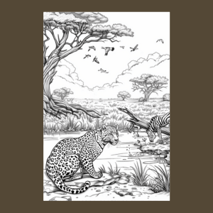 Black and white coloring page of a leopard and zebra in an African savanna scene.