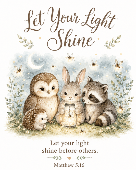 Let Your Light Shine Christian Nursery Wall Art | Matthew 5:16 Woodland Canvas Print