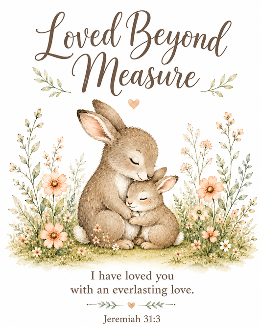 Loved Beyond Measure Christian Nursery Wall Art | Jeremiah 31:3 Bunny Canvas Print