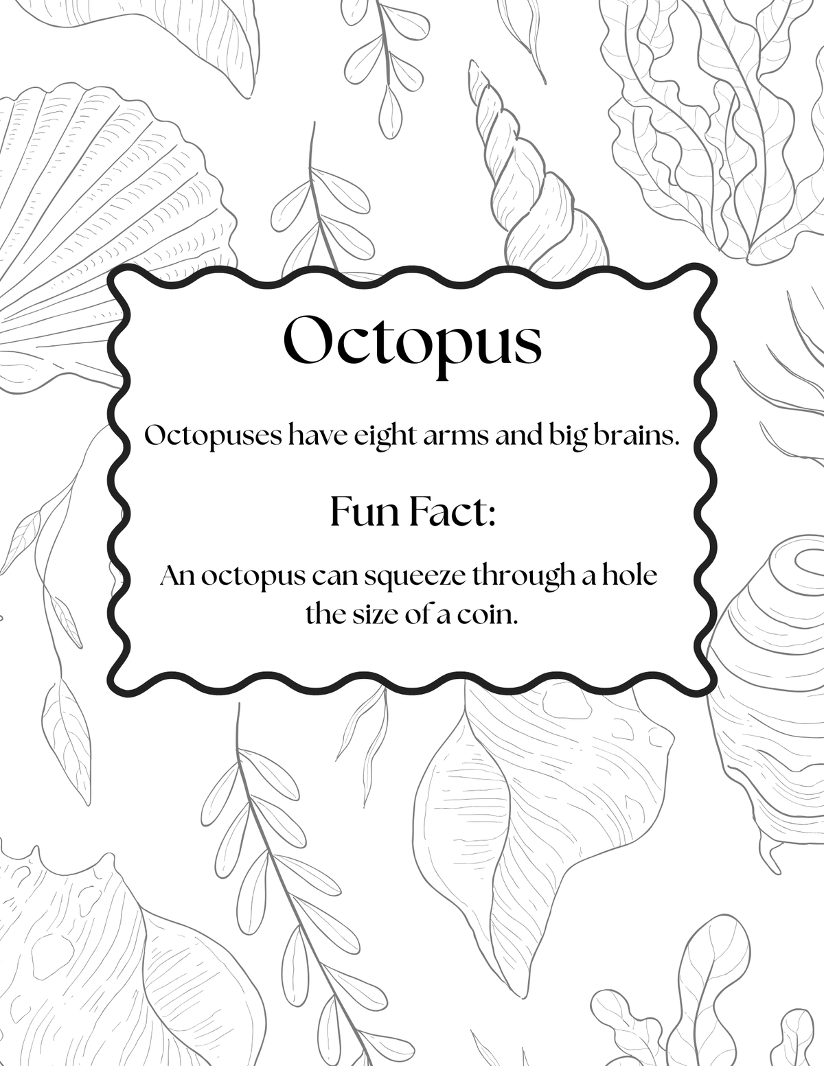 A black and white educational poster about octopuses, featuring a central scalloped text box with facts and a botanical line-art background.