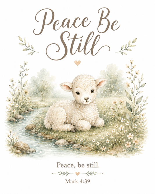 Peace Be Still Christian Nursery Wall Art | Mark 4:39 Lamb Canvas Print