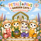 Front cover of the Petals & Paws Garden Cats Coloring Book