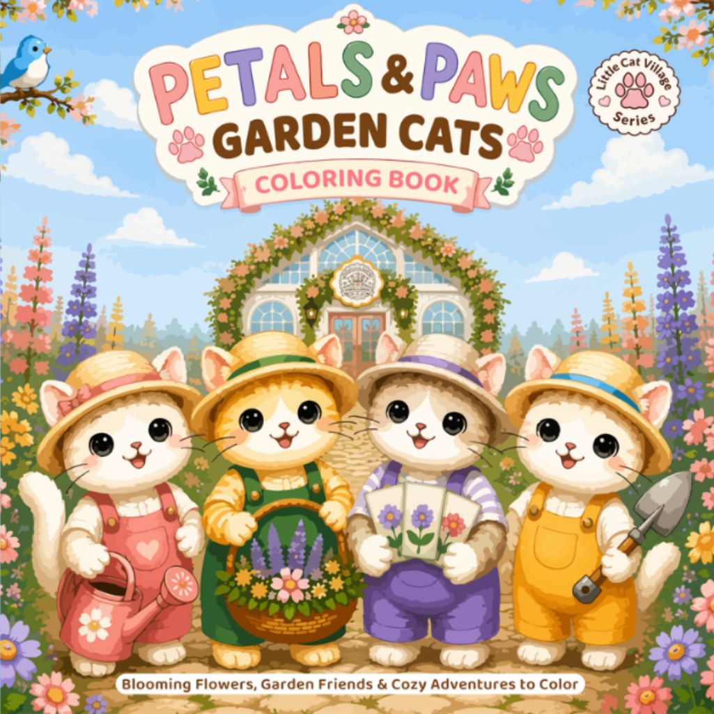 Front cover of the Petals & Paws Garden Cats Coloring Book