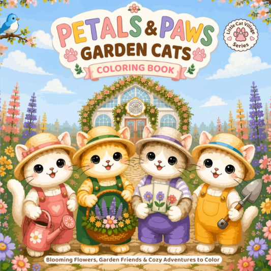 Front cover of the Petals & Paws Garden Cats Coloring Book