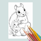 Coloring page with two squirrels and colored pencils on a light blue background