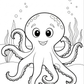 Black and white cartoon octopus coloring page with cute eyes, smiling mouth, and underwater seaweed outlines on a white background.