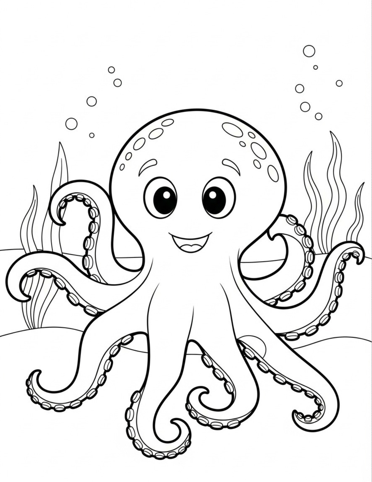 Black and white cartoon octopus coloring page with cute eyes, smiling mouth, and underwater seaweed outlines on a white background.