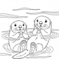 Black and white line art illustration of two otters floating in water, suitable for coloring or printing.