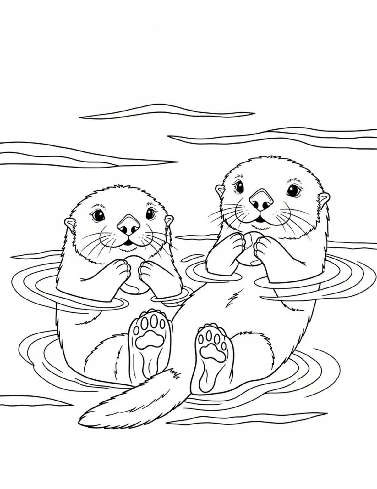 Black and white line art illustration of two otters floating in water, suitable for coloring or printing.
