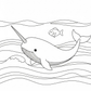 Black and white line art illustration of a narwhal swimming with a small fish, set against a plain white background.