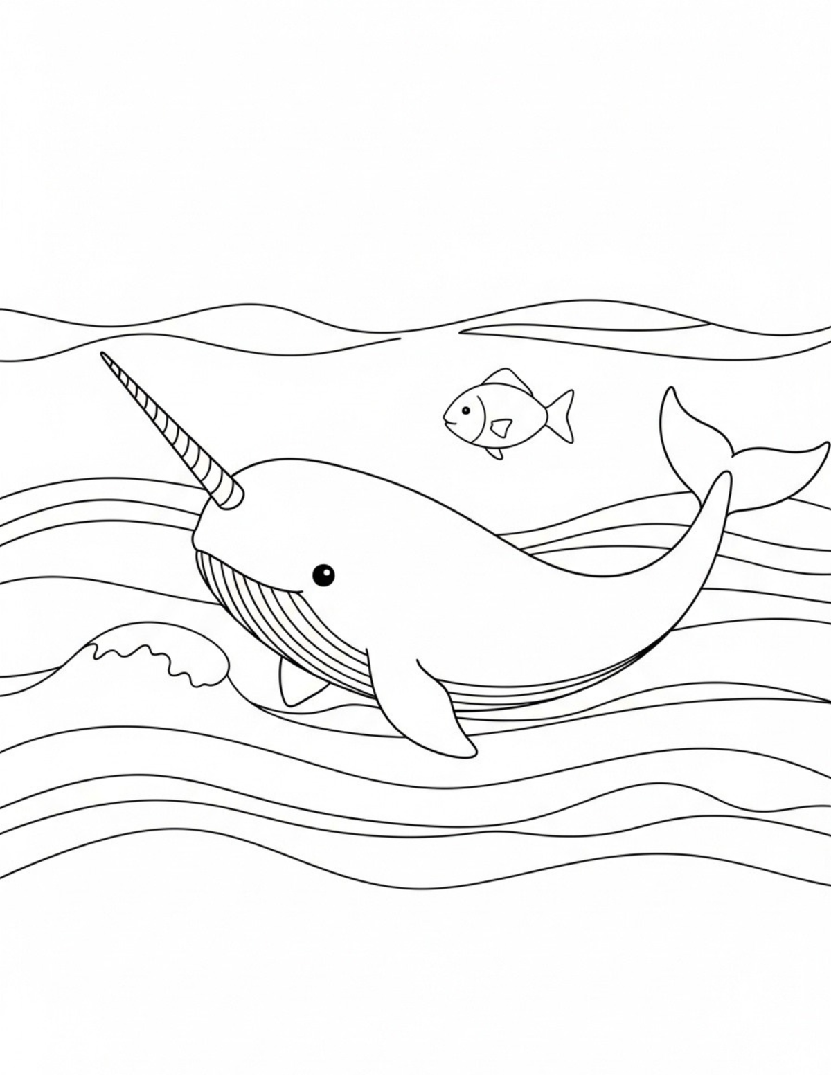 Black and white line art illustration of a narwhal swimming with a small fish, set against a plain white background.