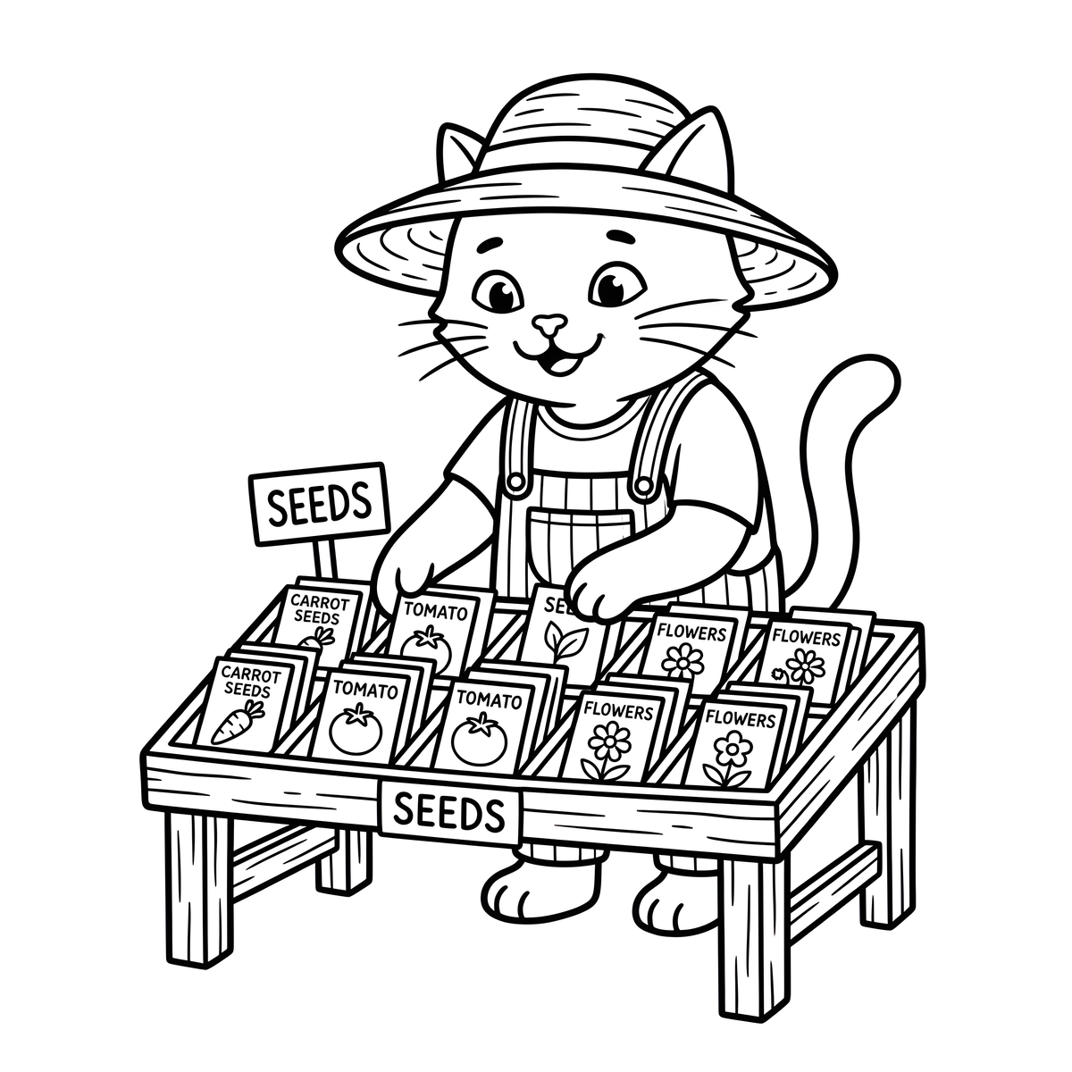 Petals & Paws coloring page of garden cats planting seeds