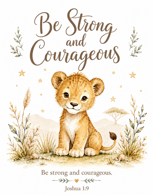 Be Strong and Courageous Christian Nursery Wall Art | Joshua 1:9 Lion Canvas Print