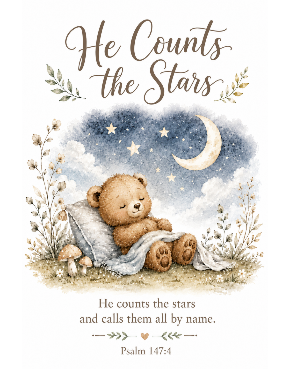He Counts the Stars Christian Nursery Wall Art | Psalm 147:4 Bear Canvas Print