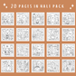 Package of 20 Halloween-themed coloring pages on a brown background
