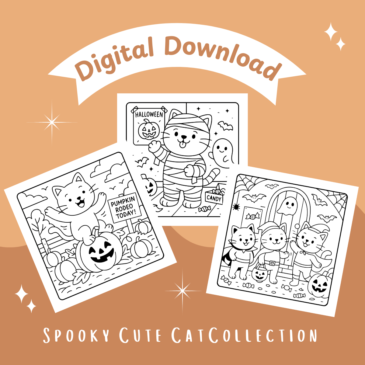 Spooky Cute Cat Collection digital download on a brown background