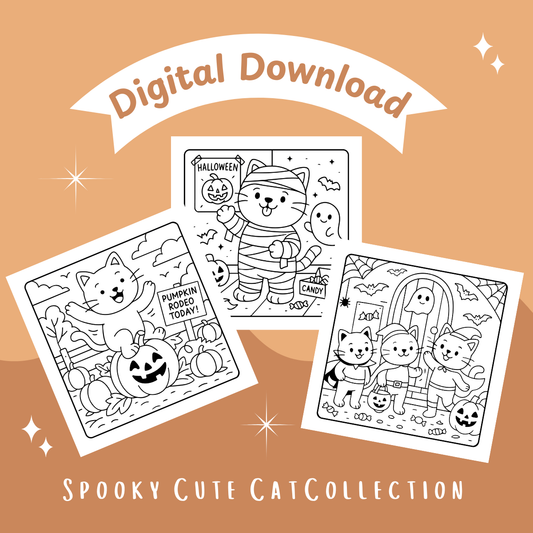 Spooky Cute Cat Collection digital download on a brown background