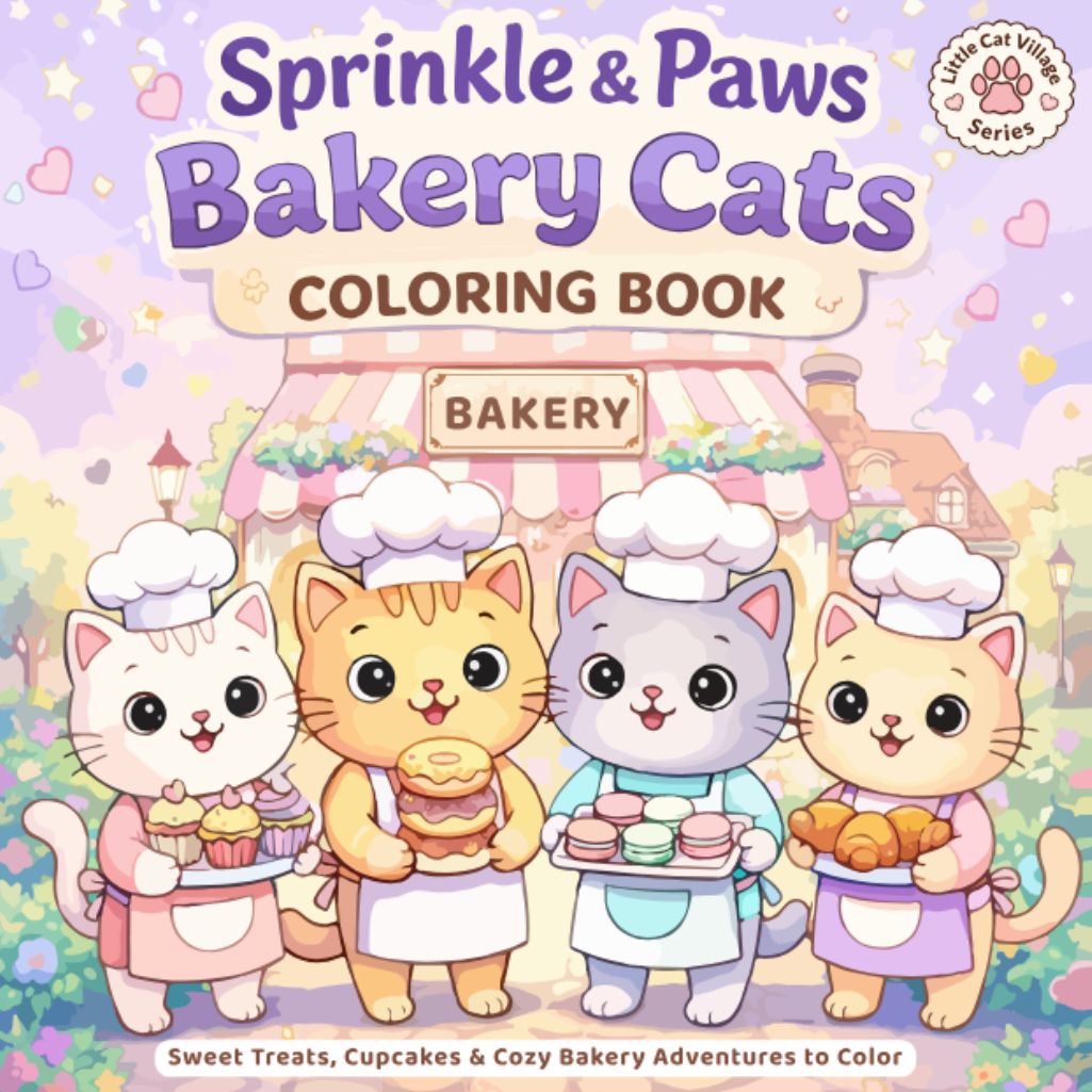 Coloring book cover featuring cartoon cats in a bakery setting with 'Sprinkle & Paws Bakery Cats' text.