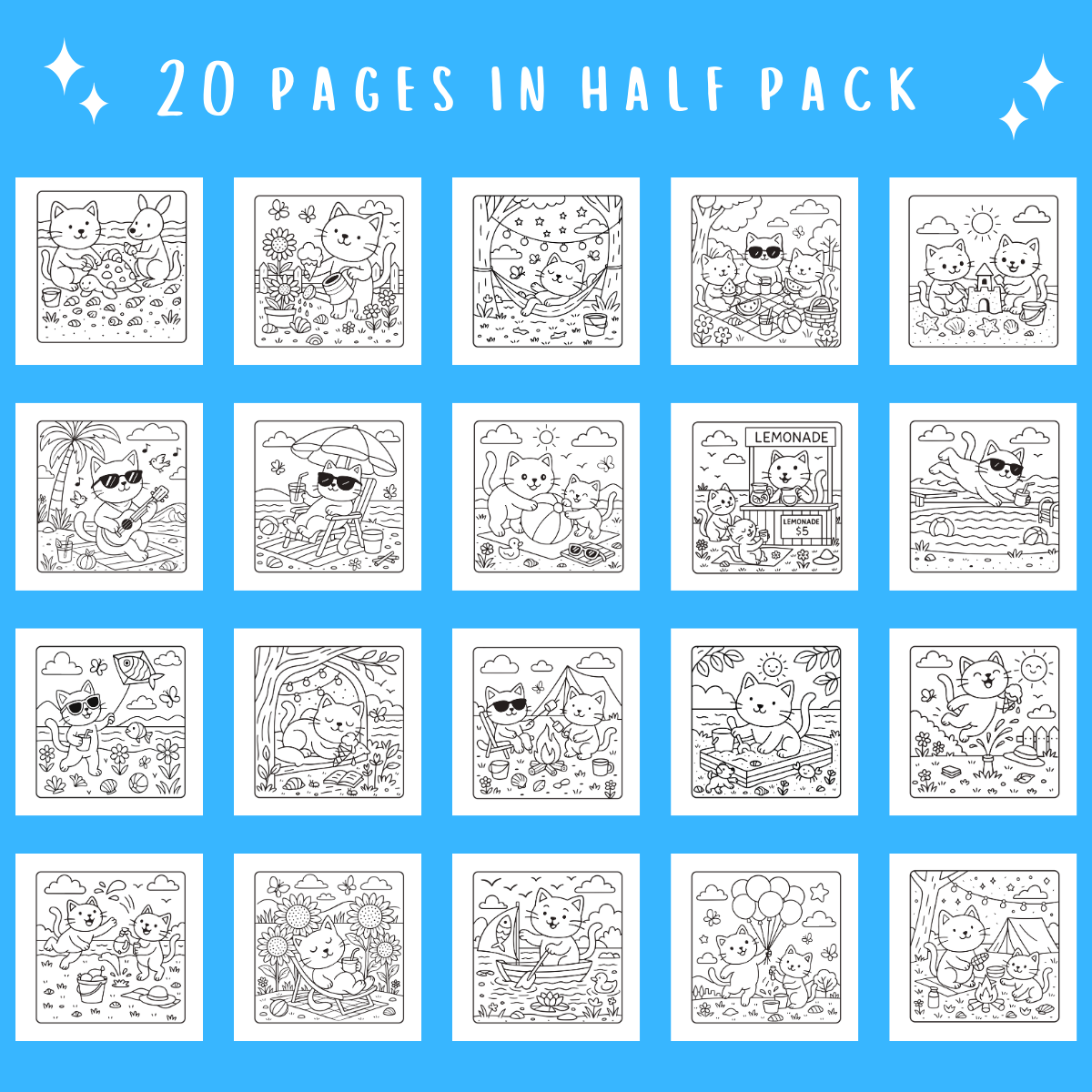 Collection of 20 black and white coloring pages for children on a blue background with text '20 Pages in Half Pack'.