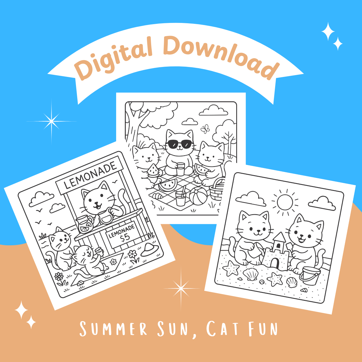 Three coloring pages with cats on a blue and brown gradient background, featuring 'Digital Download' text.
