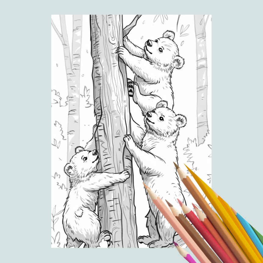 Coloring book page with three bears climbing a tree, accompanied by colored pencils.