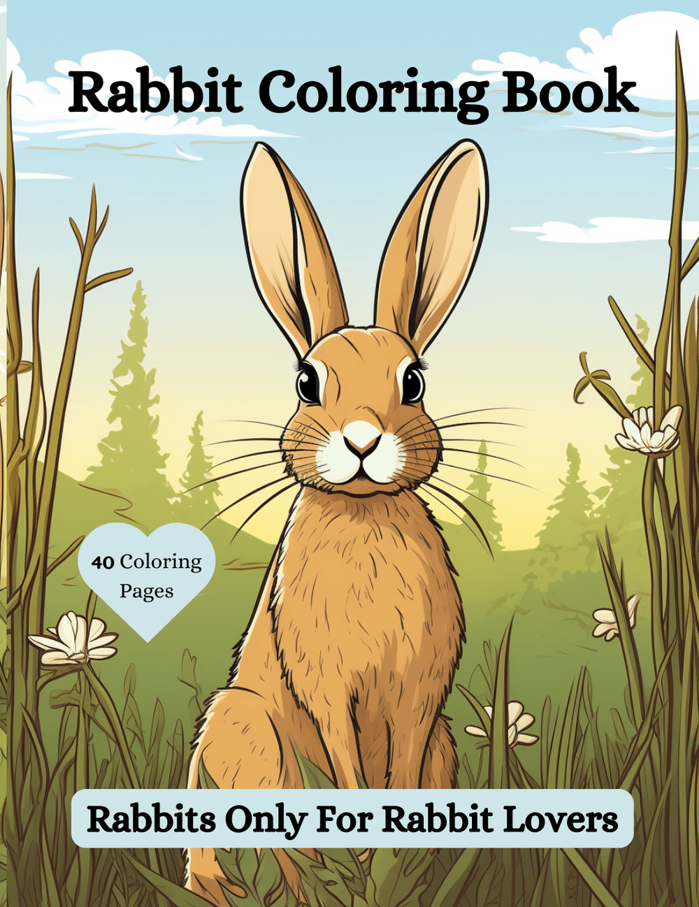 Coloring book cover with a rabbit illustration and nature background