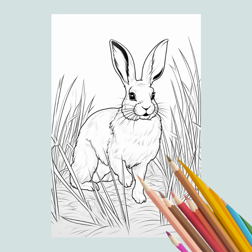 Coloring book page with a rabbit illustration and colored pencils on a light blue background