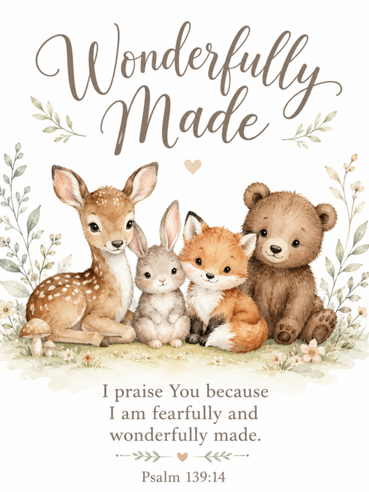 Wonderfully Made Christian Nursery Wall Art | Psalm 139:14 Woodland Animal Bible Verse Print