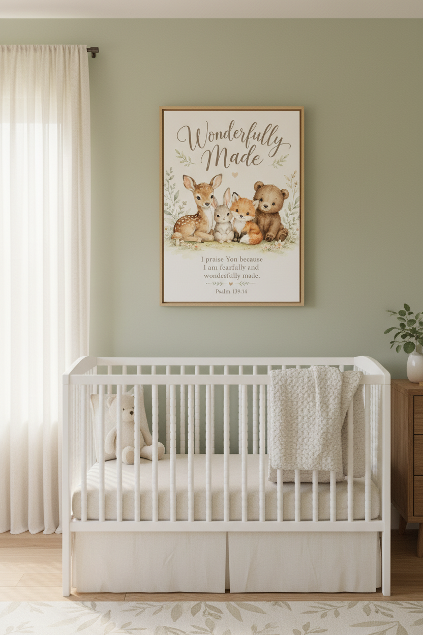 A watercolor-style nursery print or card featuring four woodland animals—a deer, rabbit, fox, and bear—sitting together beneath the words 'Wonderfully Made' and above the Bible verse 'I praise You because I am fearfully and wonderfully made. Psalm 139:14'.