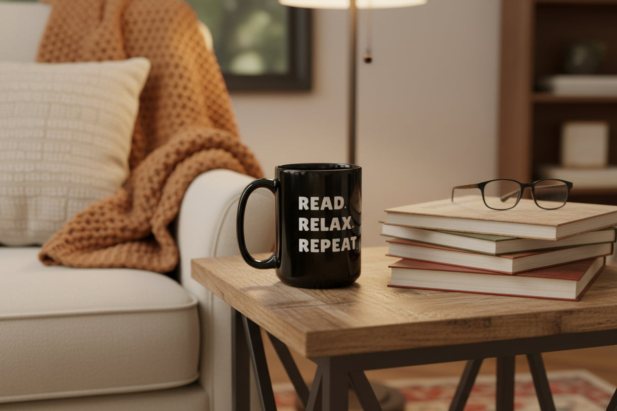 READ. RELAX. REPEAT. Glossy Black Coffee Mug