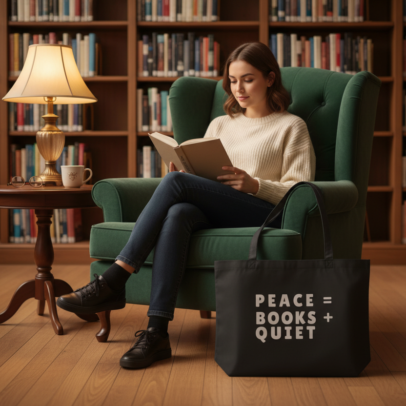 Woman reading a book in a cozy room with a tote bag displaying 'PEACE = BOOKS + QUIET'.