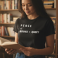 woman wearing PEACE = BOOKS + QUIET black t shirt