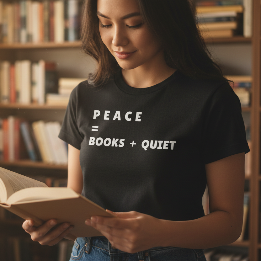 woman wearing PEACE = BOOKS + QUIET black t shirt