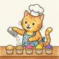 Illustration of a cat chef decorating cupcakes with sprinkles on a wooden table.