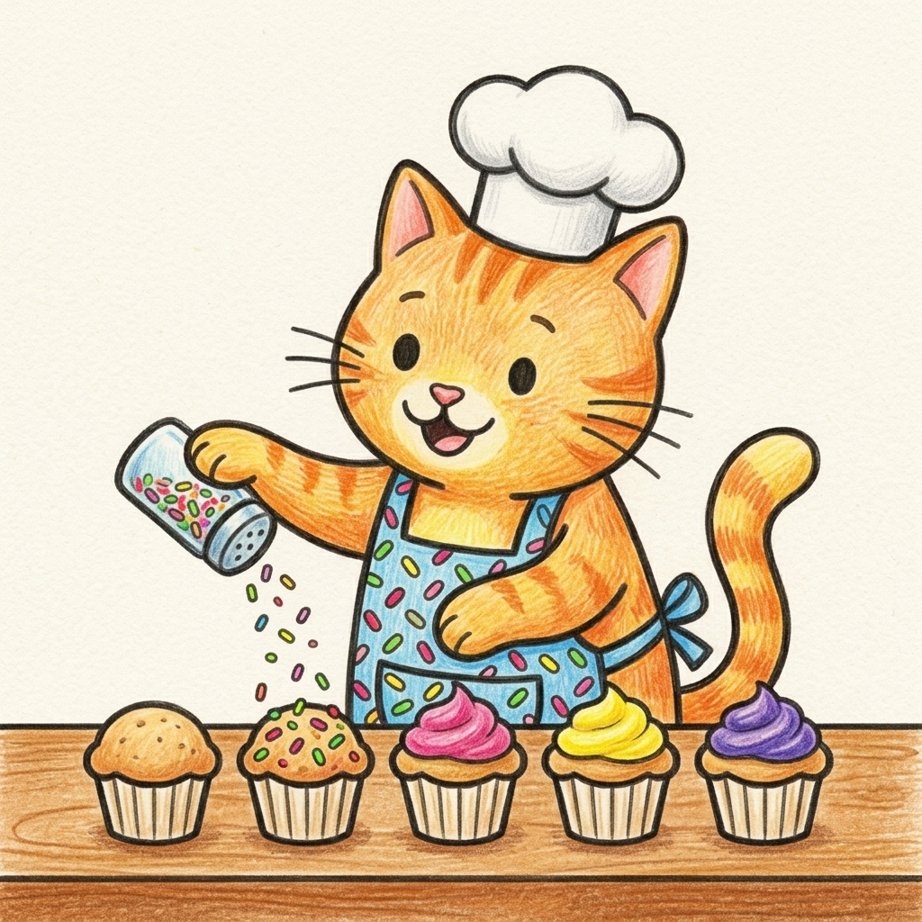 Illustration of a cat chef decorating cupcakes with sprinkles on a wooden table.