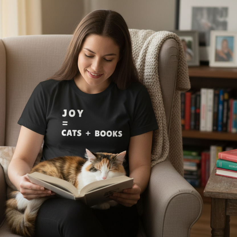woman reading a book with a cat on her lap wearing a Joy = Cats + Books black t-shirt.