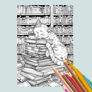 A black-and-white line art illustration of a sleeping cat curled up on a stack of books in front of a bookshelf, shown on a pale blue background with colored pencils in the lower right corner.
