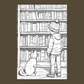 A black and white line art illustration of a child in a beanie and jacket standing in front of a bookshelf next to a cat, centered on a dark brown background.