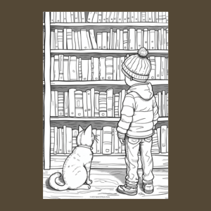 A black and white line art illustration of a child in a beanie and jacket standing in front of a bookshelf next to a cat, centered on a dark brown background.