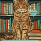Illustrated cover of a coloring book featuring a large orange tabby cat sitting in front of bookshelves, with the title 'Cats in Libraries Coloring Book' at the bottom and a teal heart badge reading '40 Coloring Pages'.