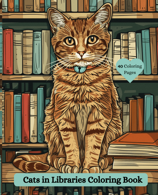 Illustrated cover of a coloring book featuring a large orange tabby cat sitting in front of bookshelves, with the title 'Cats in Libraries Coloring Book' at the bottom and a teal heart badge reading '40 Coloring Pages'.