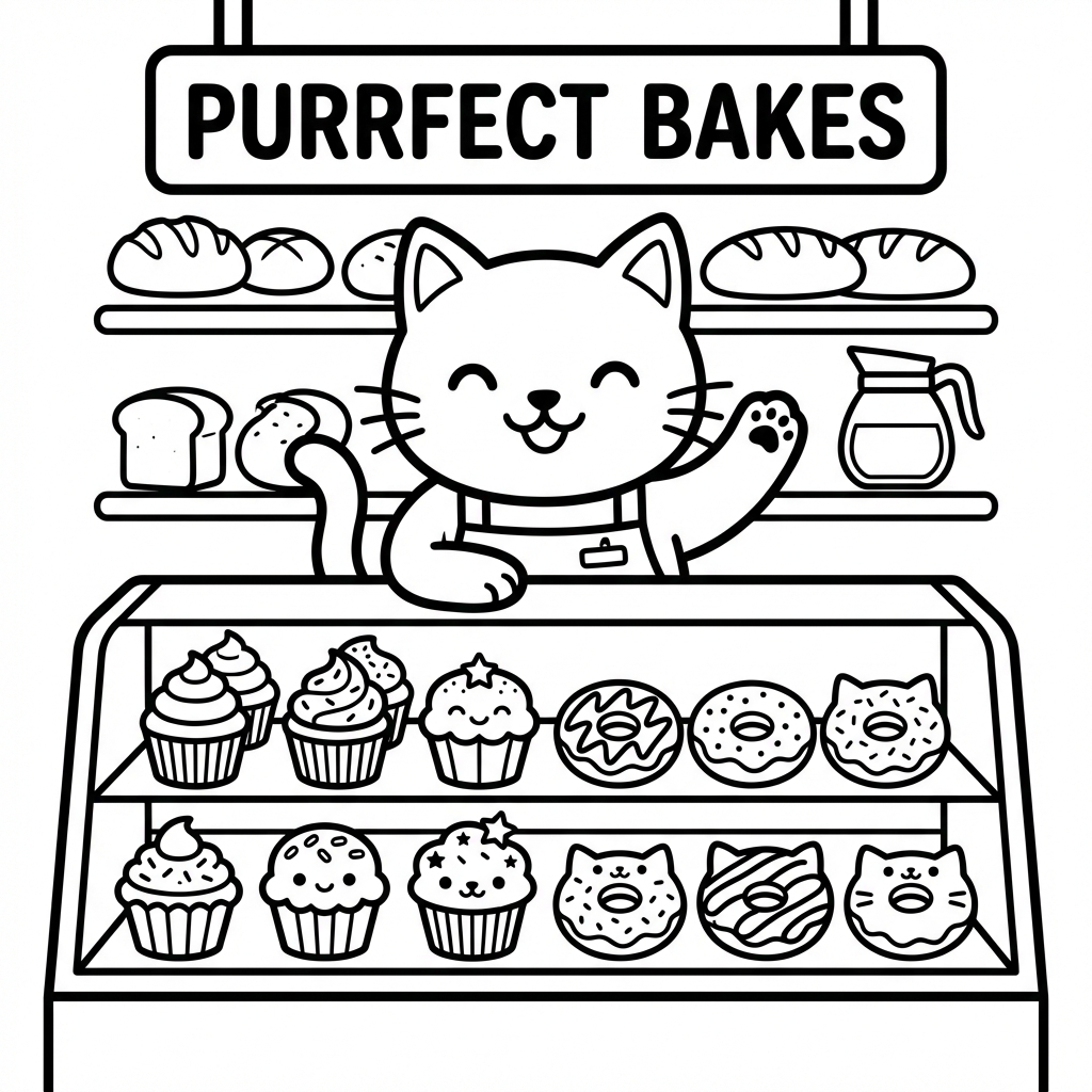 Cartoon cat behind a bakery display with 'Purrfect Bakes' sign