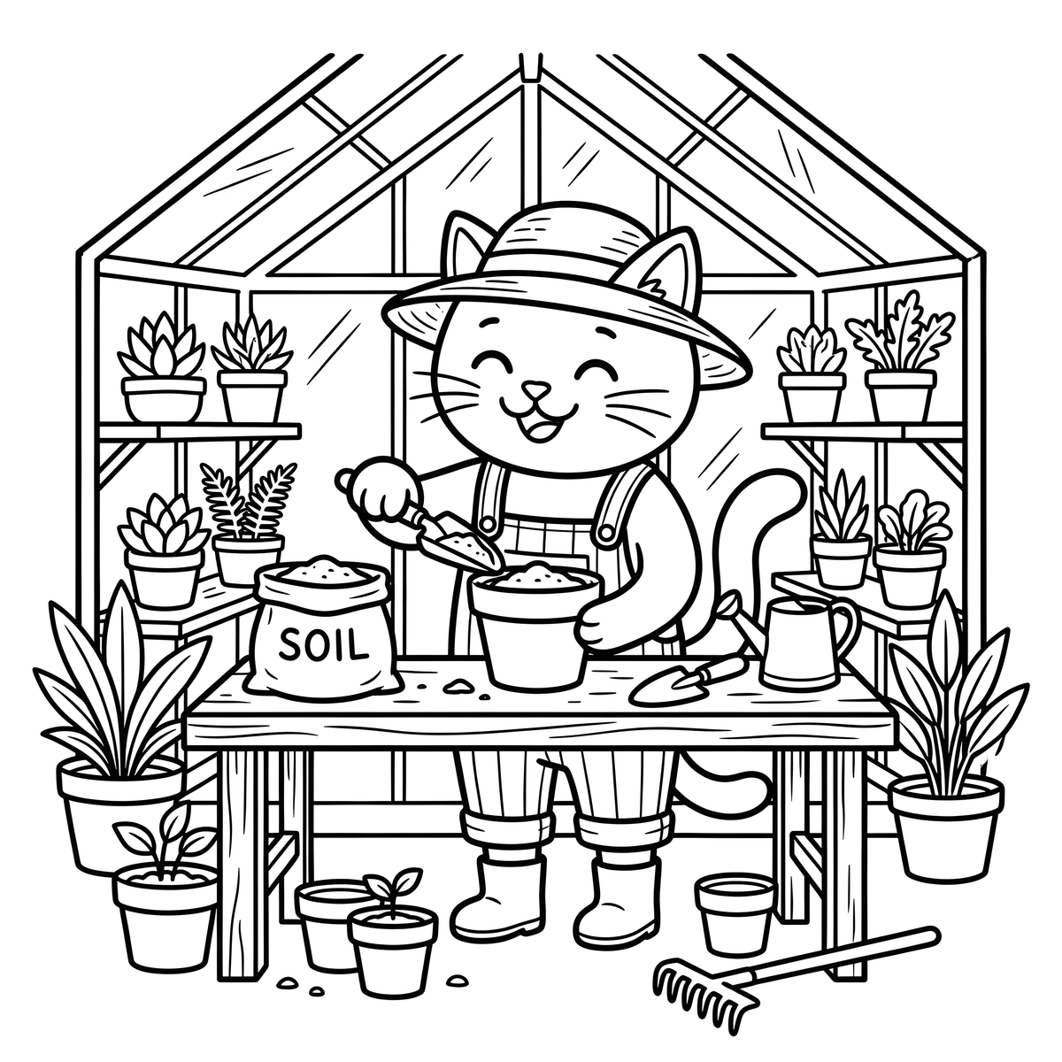 Petals & Paws coloring page of garden cats filling pots in a greenhouse