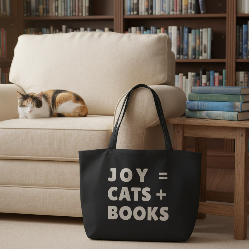 JOY = CATS + BOOKS Tote Bag, Library Tote Bag for Book Lovers, Cat Lover Gift, Reader Gift