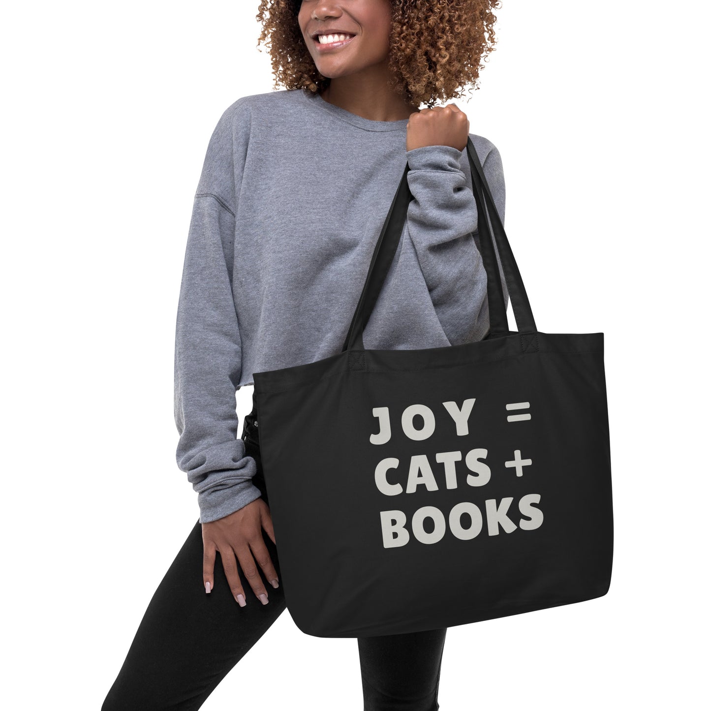 JOY = CATS + BOOKS Tote Bag, Library Tote Bag for Book Lovers, Cat Lover Gift, Reader Gift