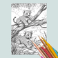 Coloring book page with two leopards on a branch and colored pencils on a light blue background