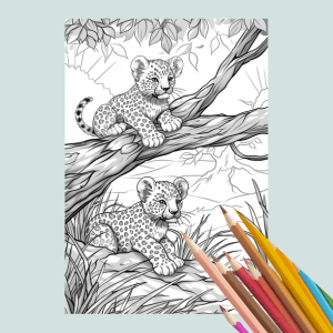 Coloring book page with two leopards on a branch and colored pencils on a light blue background