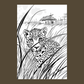 Leopard in grass with a hut in the background coloring page