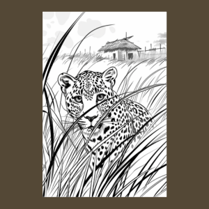 Leopard in grass with a hut in the background coloring page